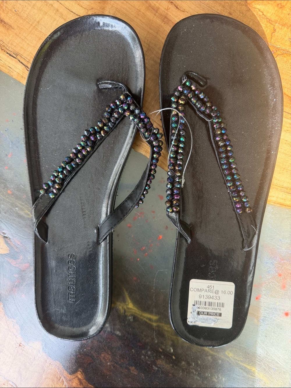 Maurices Beaded Flip Flop Sandals Size 10 Black Iridescent Rhinestone Thong